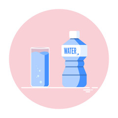 Glass and plastic bottle full of water. Vector icon isolated
