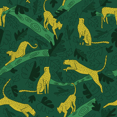 Dark green jungle repeat pattern mustard cheetah © Claudia