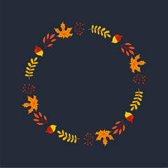 Vector wreath of autumn leaves and fruit in watercolor style. Beautiful round wreath of yellow and red leaves, acorns, berries, cones and branches. Decor for invitations, greeting cards, posters.