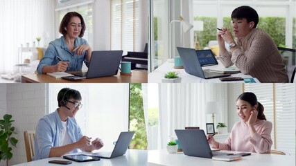 Group of diverse mixed age asia man woman consumer enjoy wireless wifi 5G network discuss on computer tablet device in puzzle mosaic film video wall of virtual indoor city urban life talk by IOT app. - Powered by Adobe