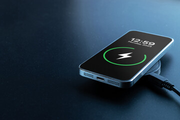 Phone charge. Mobile cell phone charge battery from wireless smart charger. Modern technology,...