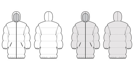 Down puffer jacket coat technical fashion illustration with hoody collar, zip-up closure, pockets, oversized, thigh length, wide quilting. Flat template front, back, white, grey color style. Women men