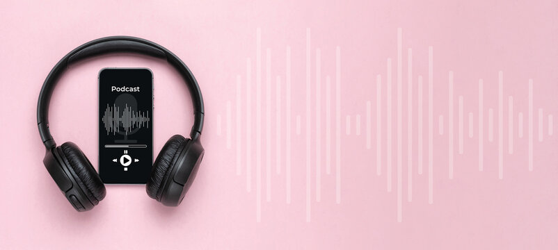 Podcast Music. Mobile Smartphone Screen With Podcast Application, Sound Headphones. Audio Voice With Radio Microphone On Pink Background. Broadcast Media Music Banner With Copy Space.