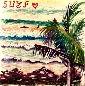 Surf at sunset in tropical paradise, watercolor