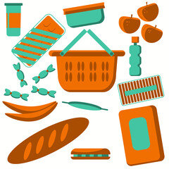 Grocery purchases illustrations set. Natural food, organic fruits. Department store goods. Food donation. Simple student shopping.