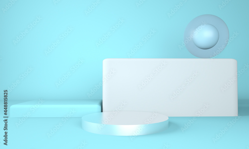Poster 3d rendering studio with geometric shapes, podium on the floor. platforms for product presentation, 