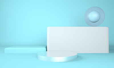 3d rendering studio with geometric shapes, podium on the floor. Platforms for product presentation, mock up background.