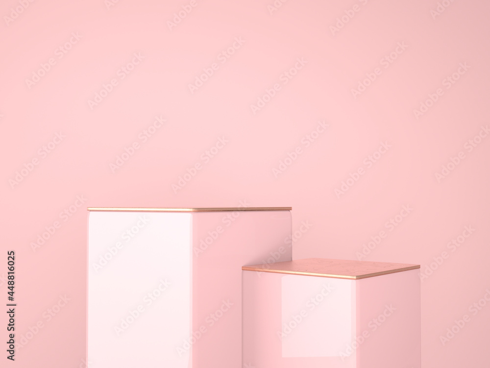Poster 3d rendering studio with geometric shapes, podium on the floor. platforms for product presentation, 