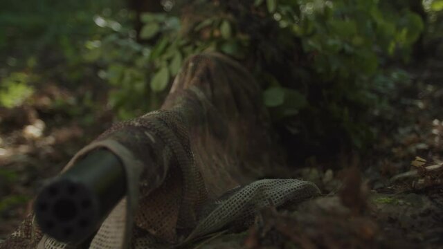 Close-up of sniper rifle suppressor during military mission of young marksman in camouflage lying on equipped position, looking through scope of optical sight, taking aim in dense forest at daybreak