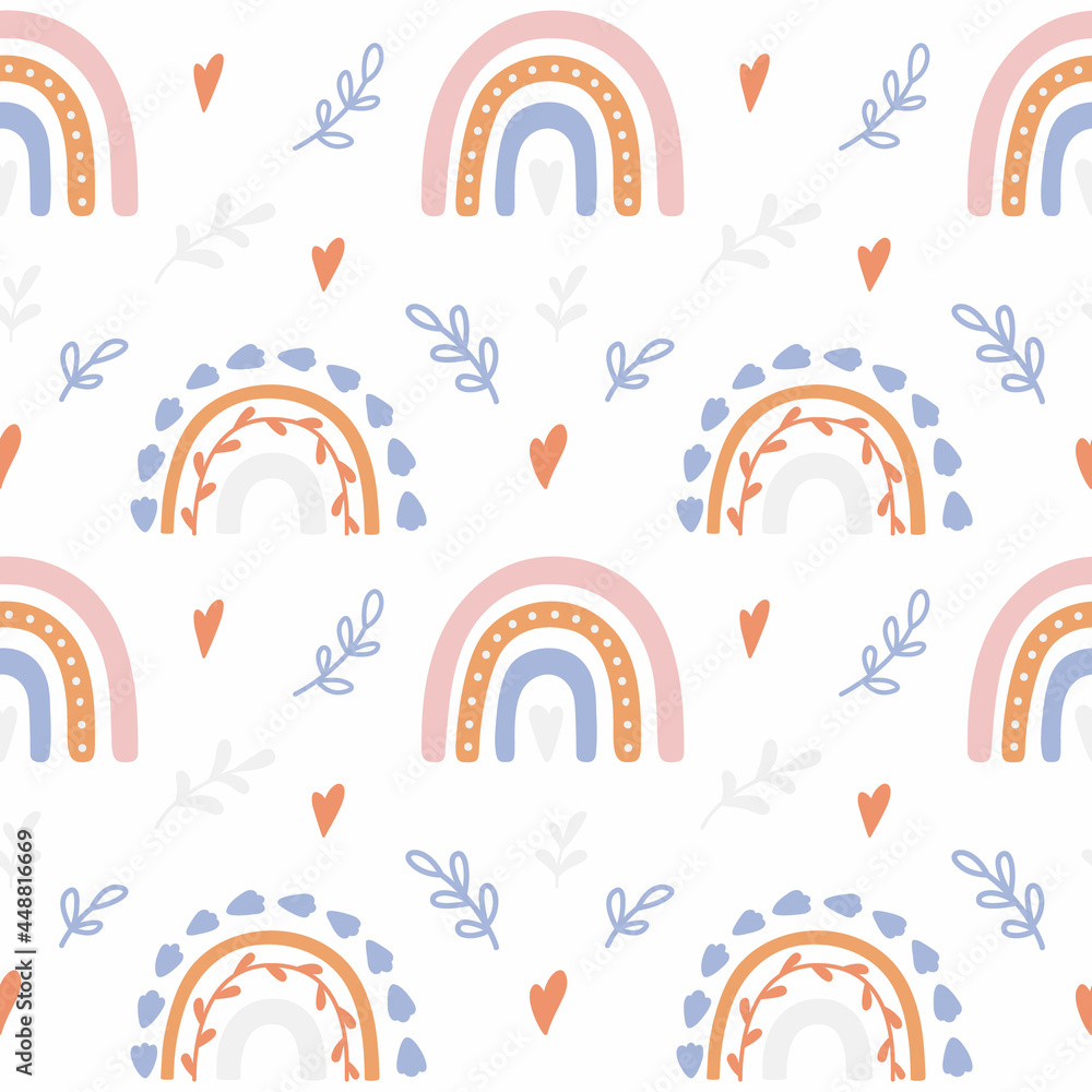 Poster trendy hand drawn print with rainbow in boho style. vector seamless pattern with cute rainbows.