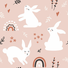 Vector seamless pattern with hares, branches and flowers. Cute cartoon graphic design for paper, textile print, wrapping.