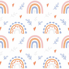 Trendy handgetekende print met regenboog in Boho stijl. Vector naadloos patroon met schattige regenbogen.