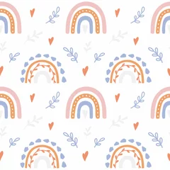 Dekokissen Trendiger handgezeichneter Druck mit Regenbogen im Boho-Stil. Vektornahtloses Muster mit niedlichen Regenbogen. © Viktoriia