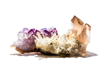 Amethyst and quartz gemstones on a white background
