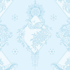 Eastern ethnic style compositions, mehendi, traditional indian henna floral ornament with peacock. Seamless pattern, background in soft pastel colors. Vector illustration..