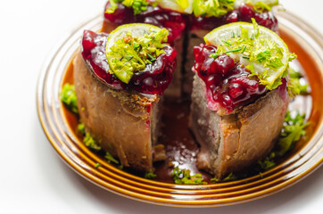 Seasoned British pork, wrapped in crisp, flavoursome pastry served with  beetroot and orange chutney on top