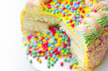 Madeira sponge coated with yellow colour frosting, layered with plum and raspberry jam, filled and topped with multicolour chocolate nibs and decorated with multicolour frostings and sugar decorations