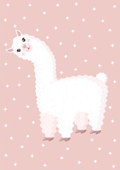 Cute llama or alpaca on a pink background with stars. Vector illustration for baby texture, textile, fabric, poster, greeting card, decor.