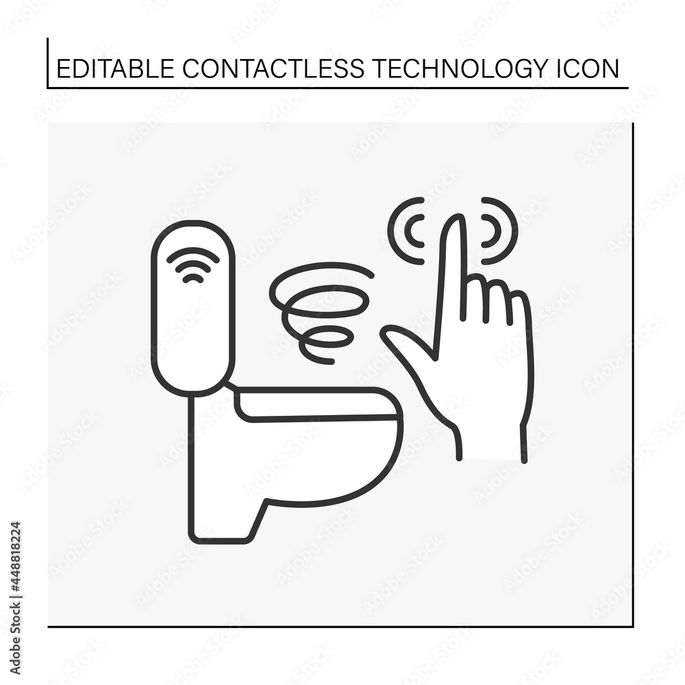 Poster modern technology line icon. touchless wc flush controls. control by finger. contactless technology 
