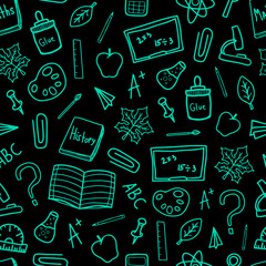 Back to school doodle green line drawn vector seamless pattern on black