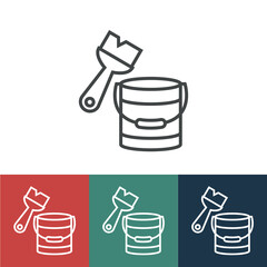 Linear vector icon with bucket of paint and brush