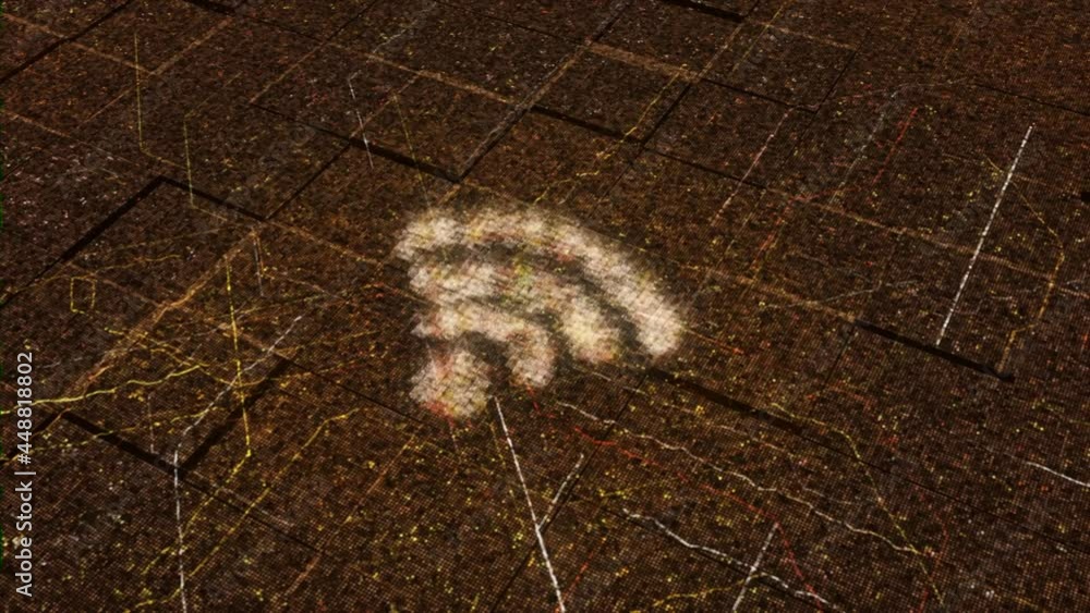 Poster flying flickering particles and impulses and a wifi sign or internet symbol on a dark background. an