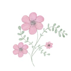 Watercolor illustration of a green twig with leaves and pink rosehip flowers on a white background. Pastel colors. For decoration, postcards, design, invitations, books, decorative elements