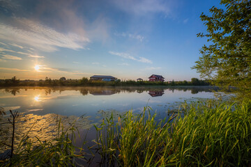 the bright blue sky at dawn is beautifully reflected in the mirror of the pond