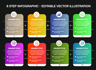 8 Steps Infographics Design Template - Graph, Pie chart, workflow layout, cycling diagram, brochure, report, presentation, web design. Editable Vector illustration