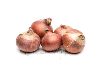 Fresh ripe onion heap close up on isolated white background