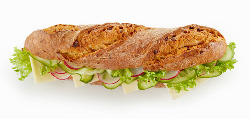 Baguette sandwich with cheese and vegetables on table