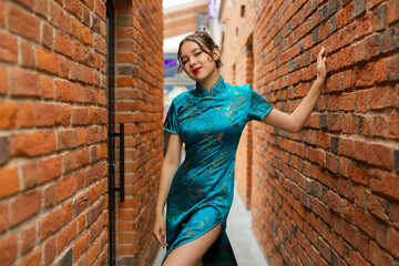 beautiful young woman in national costume near a brick wall 