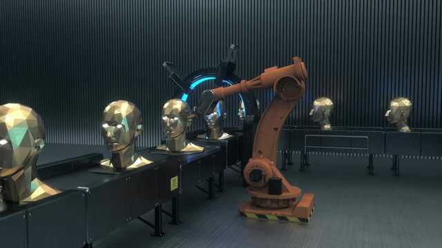 Dystopian human factory assembly line. CCTV view of futuristic cyberpunk factory with VR headset, headphones and Covid-19 face masks on manufactured people heads. Dark tech future concept 4k 3D render