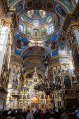 Fototapeta na wymiar Interior of Trinity Cathedral of the Holy Dormition Pochayiv Lavra, Pochayiv, Ukraine . January 2009