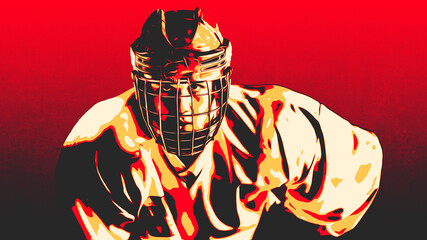 Concept of a Red Duotone Vector Stylized Photo Poster: Portrait of Confident Professional Hockey Player in Wire Cage Face Mask, Looking at Camera.
