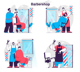Barbershop concept set. Hairdresser makes men hairstyles, shaves and cares beard. People isolated scenes in flat design. Vector illustration for blogging, website, mobile app, promotional materials.