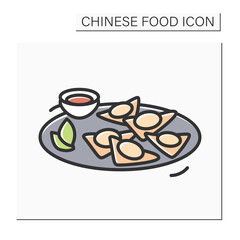 Wonton color icon. Boiled or deep fried triangle Chinese dumplings with meat or seafood stuffing. Concept of traditional and tasty winter Asian food. Isolated vector illustration