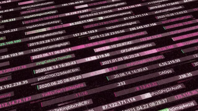 Abstract technological background with lines of code and coordinates. Animation. Concept of hacking and online security, seamless loop.