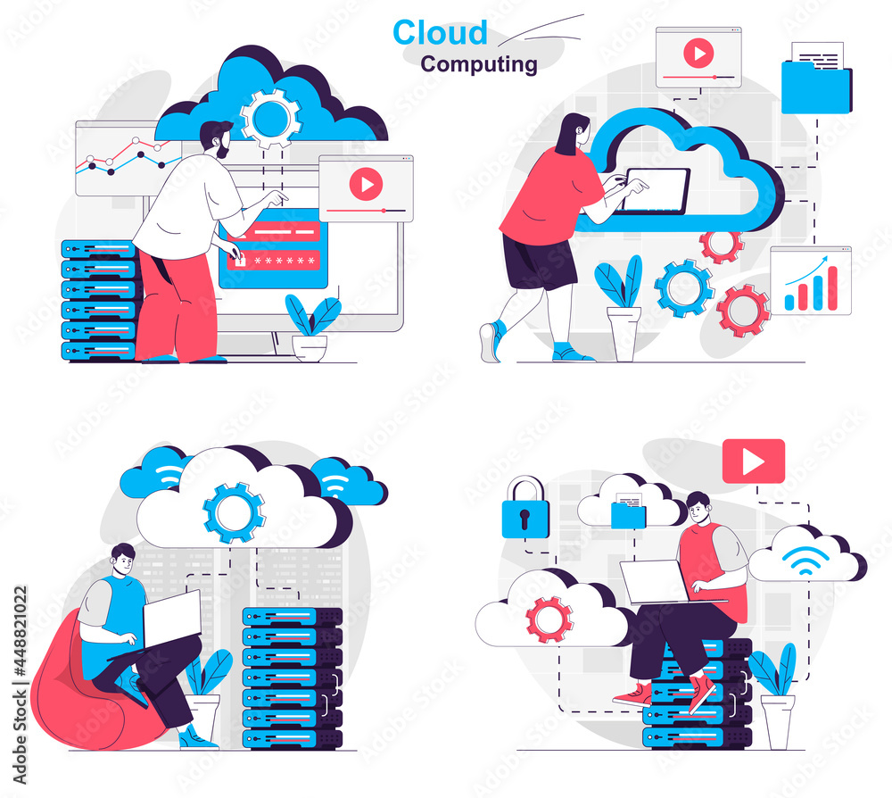 Poster cloud computing concept set. computer engineers work at data center server room. people isolated sce