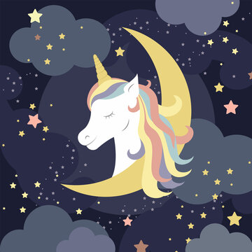 Vector illustration of a cute unicorn with multi-colored strands of hair on a dark background of the night sky, clouds, moon and stars. Good night cartoon composition for children. Poster, decoration 