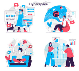 Cyberspace concept set. Virtual reality headset for education and data analysis. People isolated scenes in flat design. Vector illustration for blogging, website, mobile app, promotional materials.