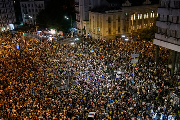 Ukrainian soccer fans cheer at Fan Zone in Kyiv, Ukraine, July 03, 2021 UEFA EURO 2020 match between Ukraine and England