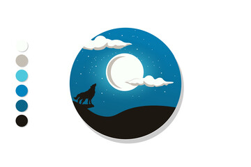 Vector illustration of night view, wolf and full moon