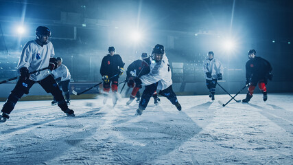 Ice Hockey Rink Arena: Successful Pass for Forward Player who Does Slapshot, Shots Puck with Stick...