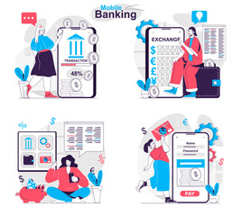 Mobile banking concept set. Online services for exchange, transaction, accounting. People isolated scenes in flat design. Vector illustration for blogging, website, mobile app, promotional materials.