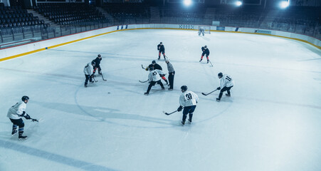 Ice Hockey Rink Arena: Great Team Attacks, Plays Pass Using Tactics and Creative Strategy. Player...