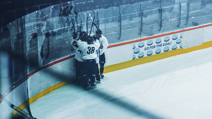 Ice Hockey Rink: Team Celebrates Victory Near the Board, Players Scream Happily, Cheer, Skate and...