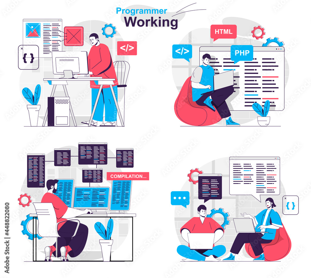 Poster Programmer working concept set. Developer creates software and tests programs. People isolated scenes in flat design. Vector illustration for blogging, website, mobile app, promotional materials.