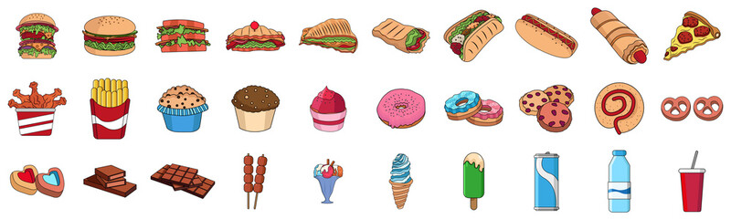 Set of different fast food menu icons Vector