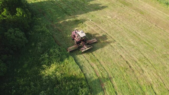 Self-propelled mower-flattener rides through a green meadow among bushes. Agricultural machine is accompanied by a stork bird. Aerial view